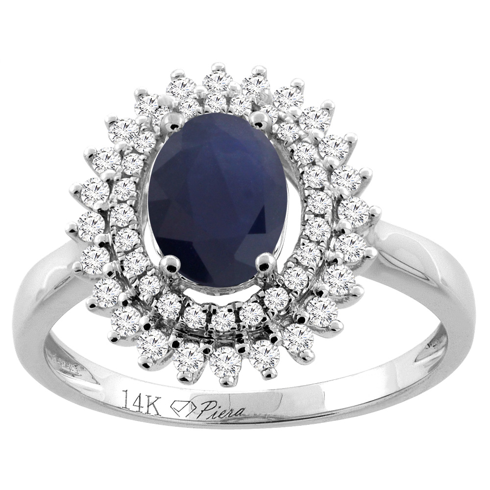 14K Gold Natural Blue Sapphire Ring Oval 8x6 mm Double Halo Diamond Accents, sizes 5 - 10