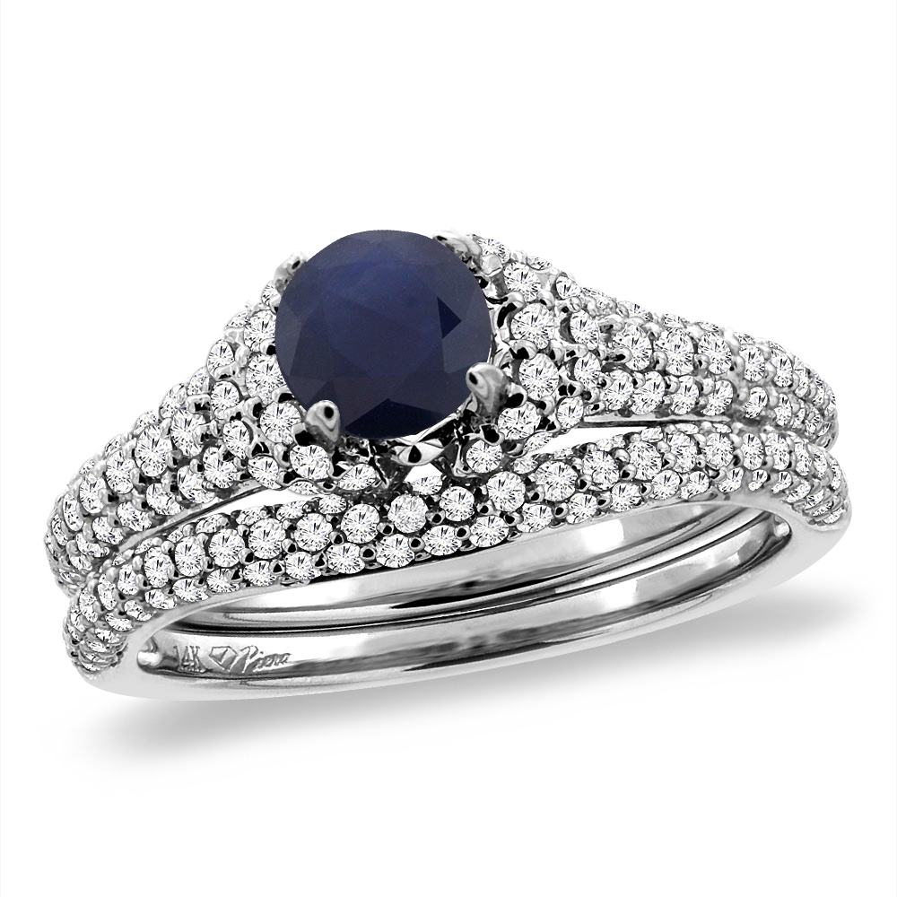 14K White Gold Diamond Natural Blue Sapphire 2pc Engagement Ring Set Round 5 mm, sizes 5-10