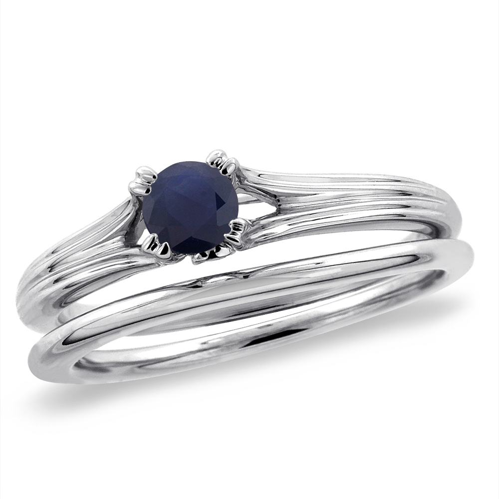 14K White Gold Diamond Natural Blue Sapphire 2pc Solitaire Engagement Ring Set Round 4 mm, size5-10