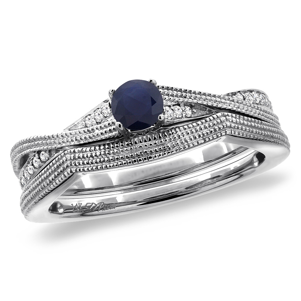 14K White Gold Diamond Natural Blue Sapphire 2pc Engagement Ring Set Round 4 mm, sizes 5 - 10