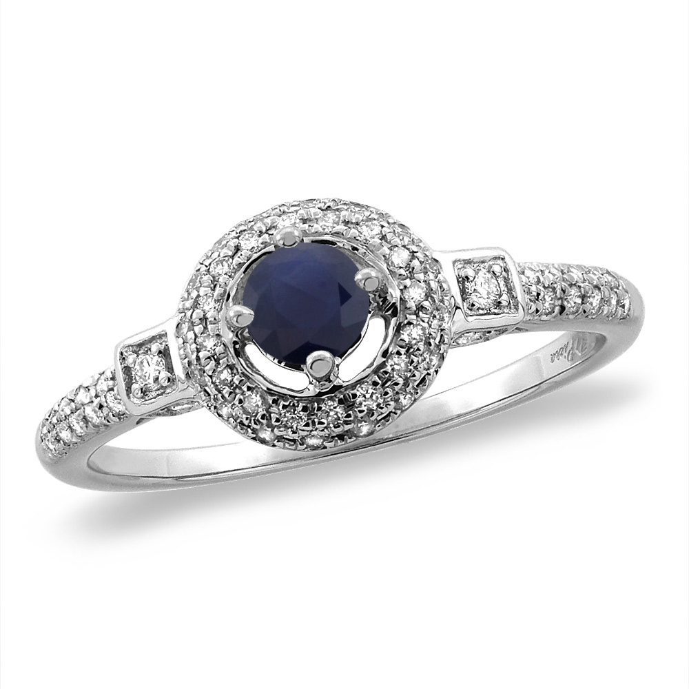 14K White/Yellow Gold Diamond Natural Blue Sapphire Halo Engagement Ring Round 4 mm, sizes 5 -10