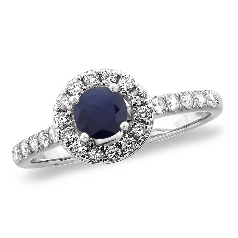 14K White/Yellow Gold Diamond Natural Blue Sapphire Halo Engagement Ring Round 4 mm, sizes 5 -10