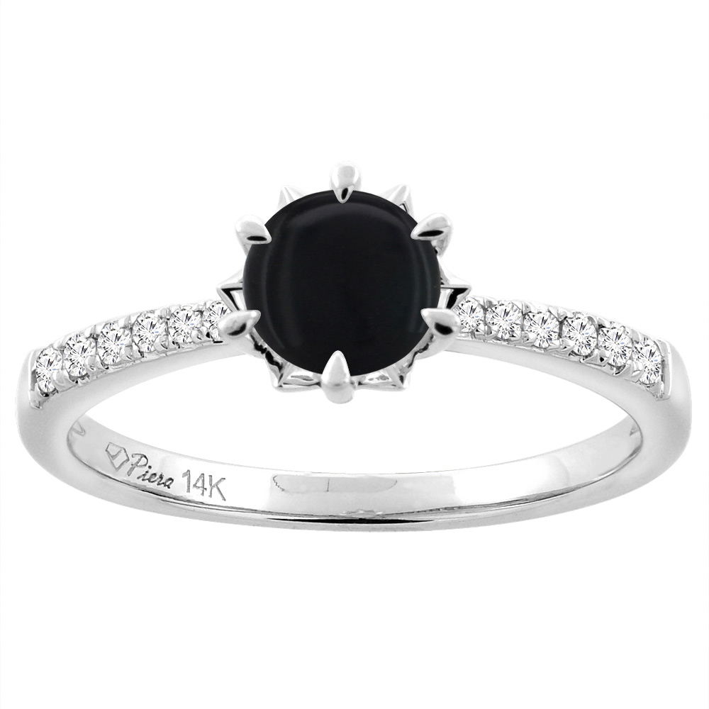 14K White Gold Natural Black Onyx Engagement Ring Round 6 mm & Diamond Accents, sizes 5 - 10
