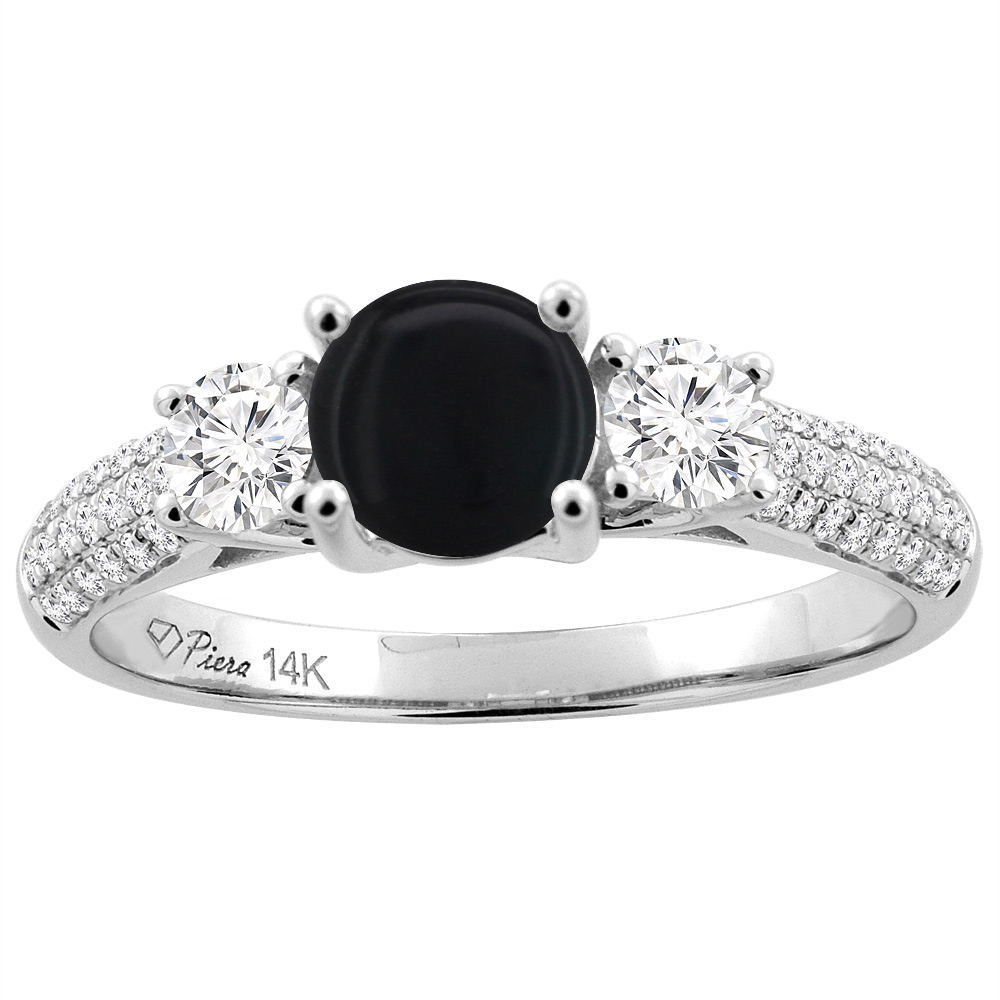 14K White Gold Natural Black Onyx Engagement Ring Round 6 mm & Diamond Accents, sizes 5 - 10
