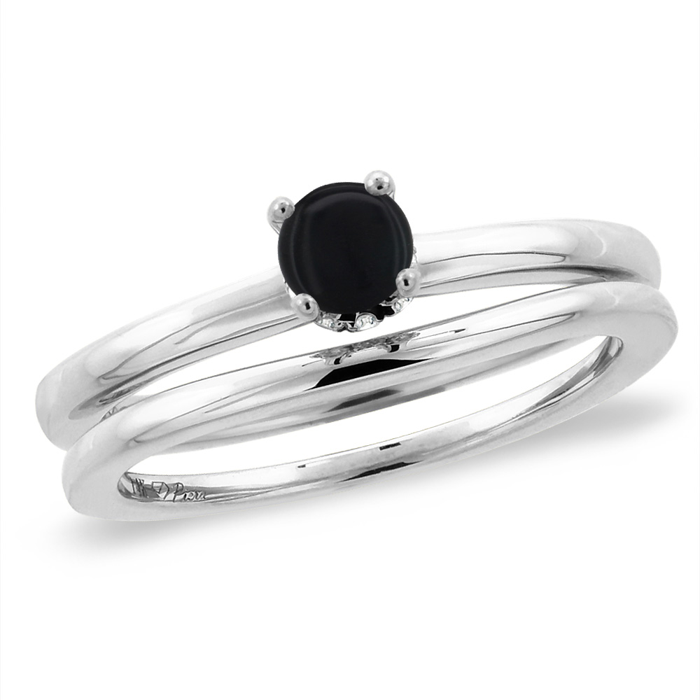 14K White Gold Diamond Natural Black Onyx 2pc Solitaire Engagement Ring Set Round 6 mm, sizes 5-10