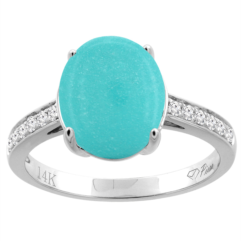 14K Gold Natural Turquoise Ring Oval 11x9 mm Diamond Accents, sizes 5 - 10
