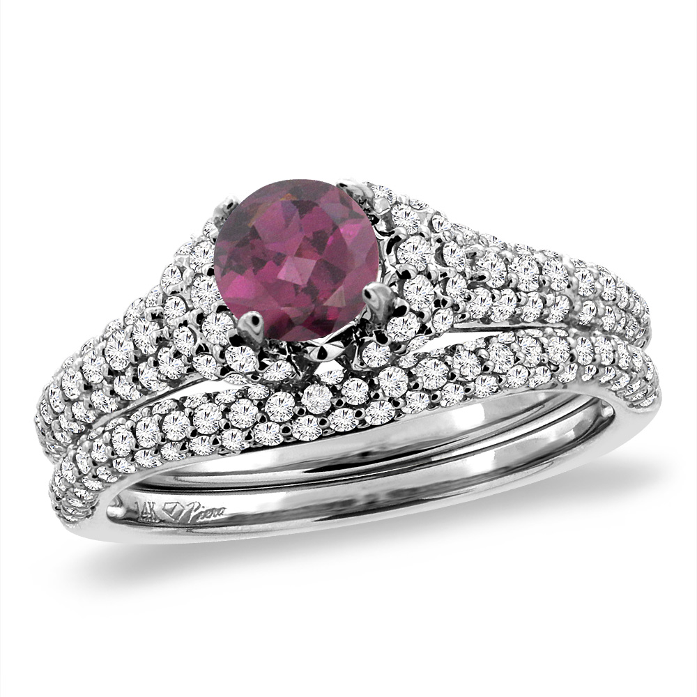 14K White Gold Diamond Natural Rodolite 2pc Engagement Ring Set Round 5 mm, sizes 5-10