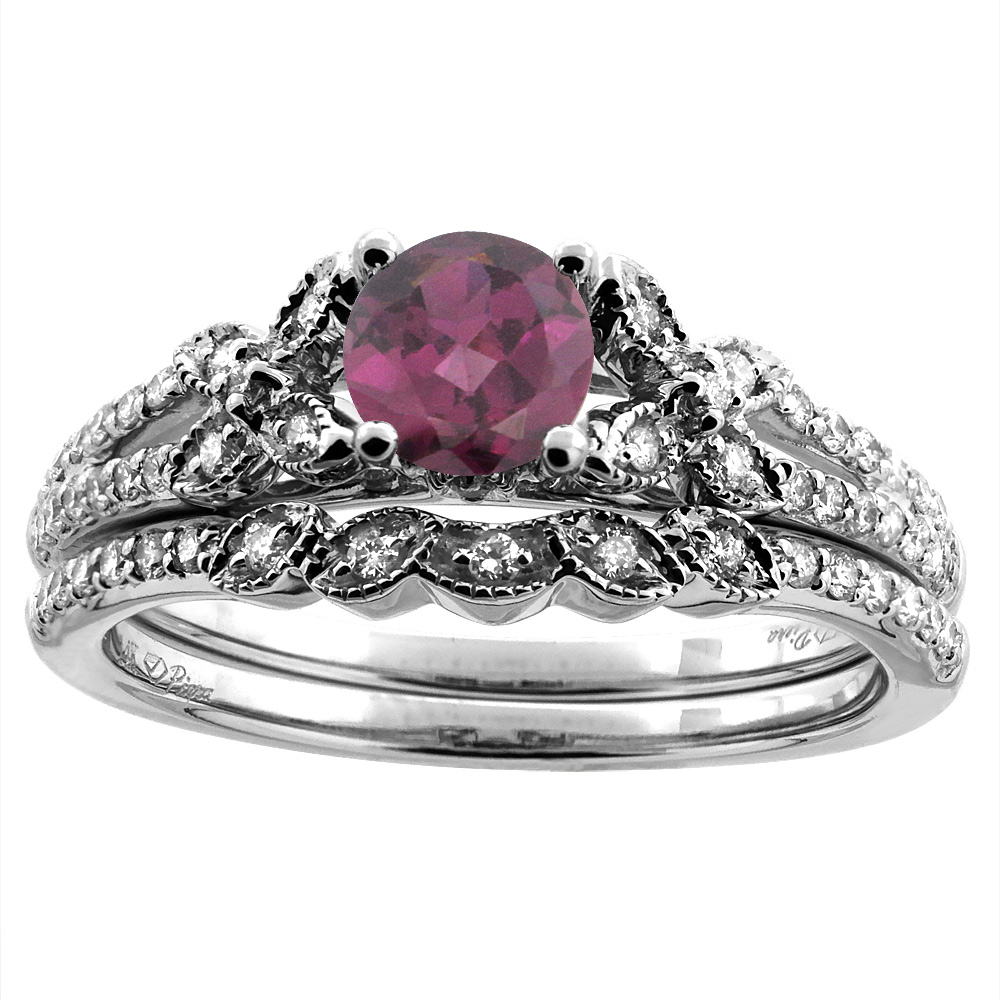 14K White/Yellow Gold Floral Diamond Natural Rodolite 2pc Engagement Ring Set Round 5 mm, sizes 5-10