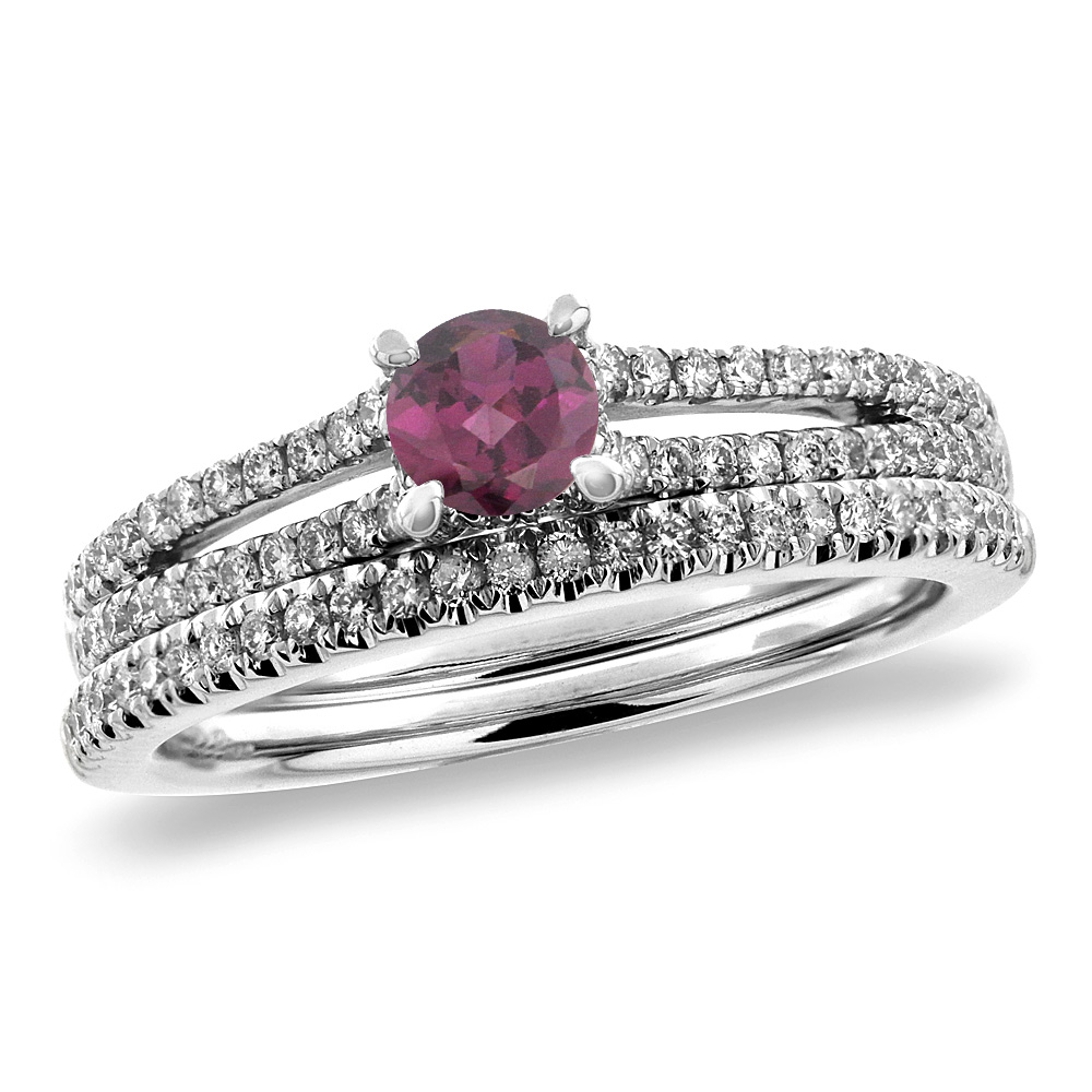 14K White Gold Diamond Natural Rodolite 2pc Engagement Ring Set Round 5 mm, sizes 5-10