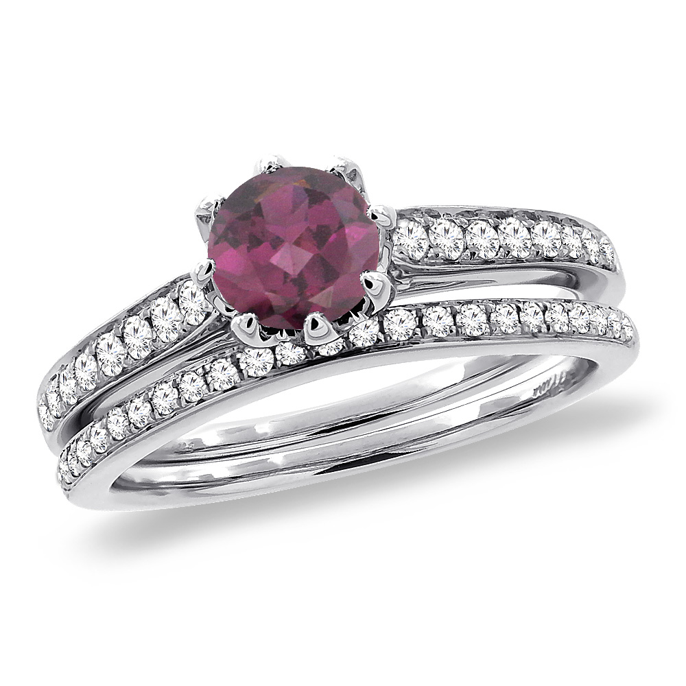 14K White Gold Diamond Natural Rodolite 2pc Engagement Ring Set Round 5 mm, sizes 5-10