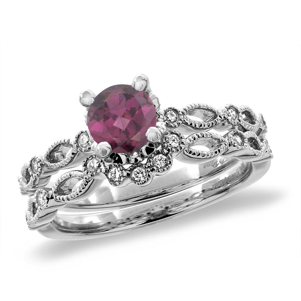 14K White Gold Diamond Natural Rodolite 2pc Engagement Ring Set Round 5 mm, sizes 5 - 10