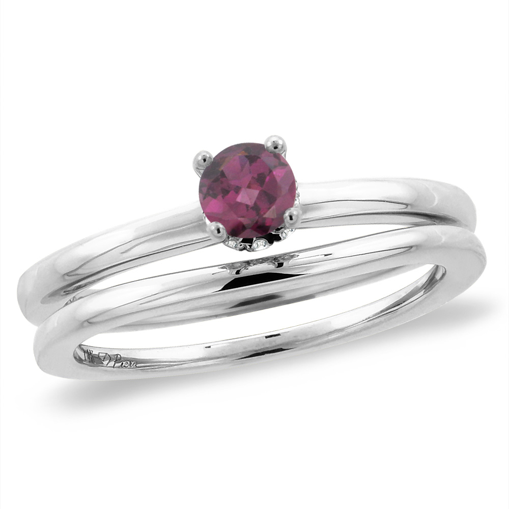 14K White Gold Diamond Natural Rodolite 2pc Solitaire Engagement Ring Set Round 5 mm, sizes 5 -10