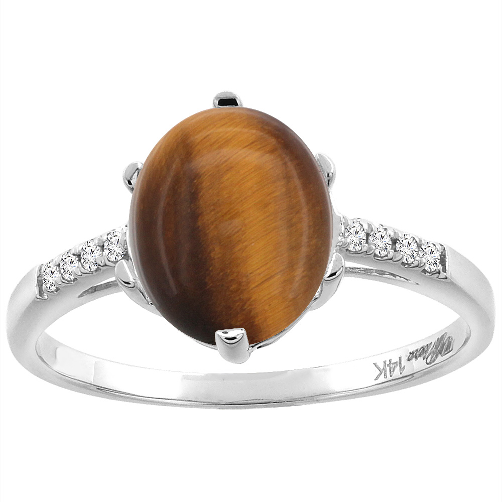 14K White Gold Natural Tiger Eye & Diamond Ring Oval 10x8 mm, sizes 5-10