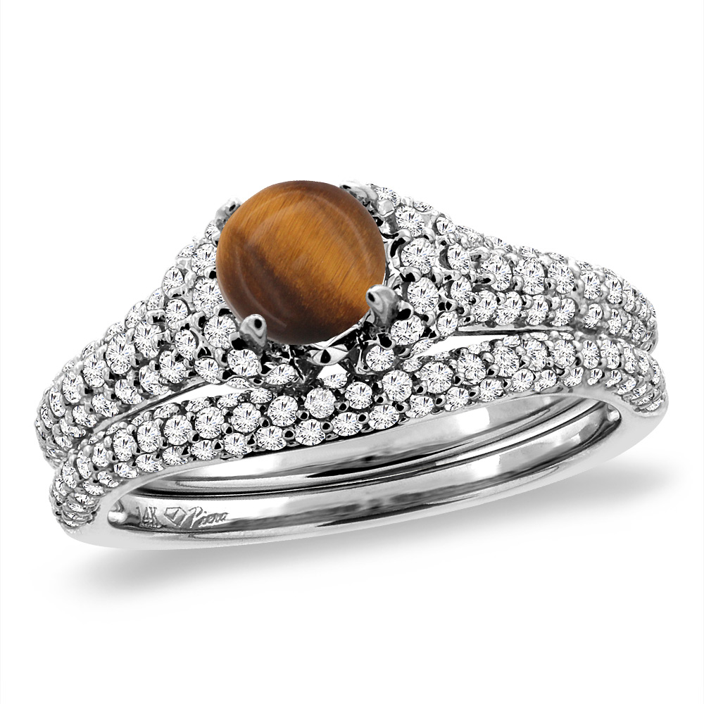 14K White Gold Diamond Natural Tiger Eye 2pc Engagement Ring Set Round 5 mm, sizes 5-10