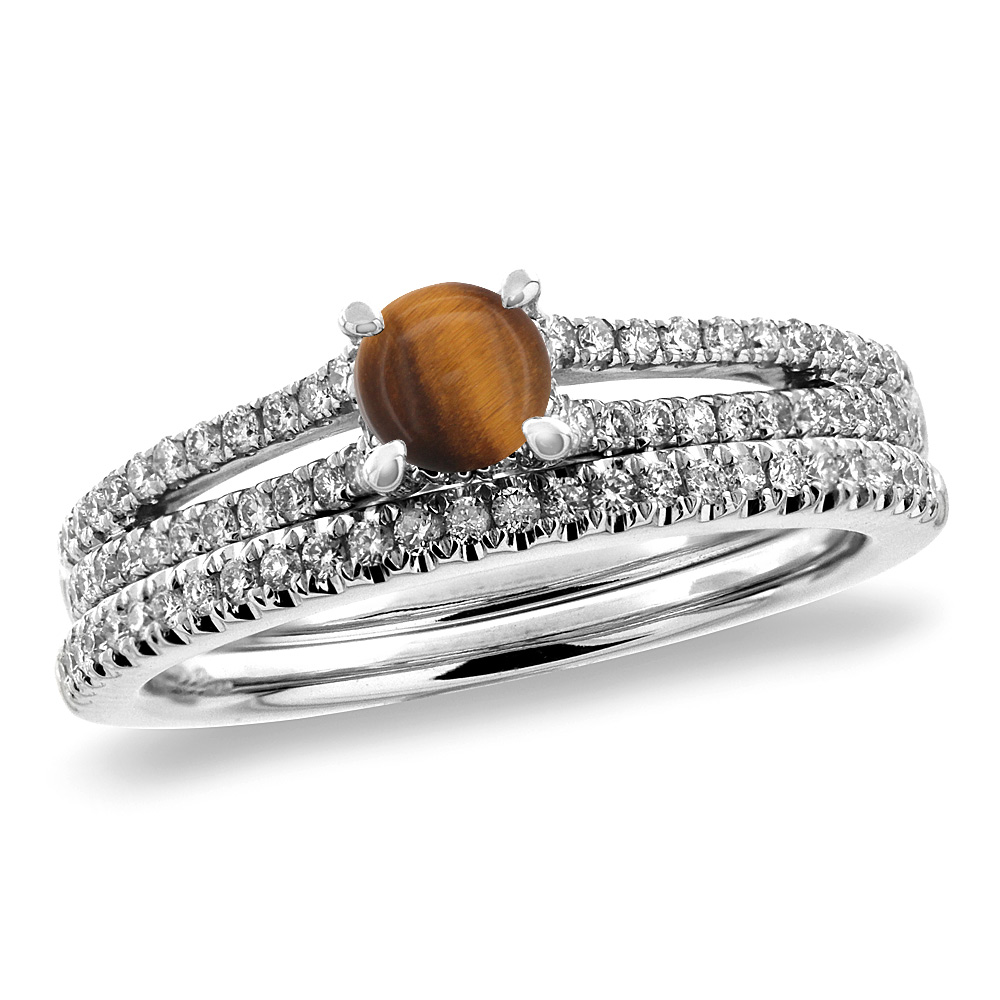 14K White Gold Diamond Natural Tiger Eye 2pc Engagement Ring Set Round 5 mm, sizes 5-10