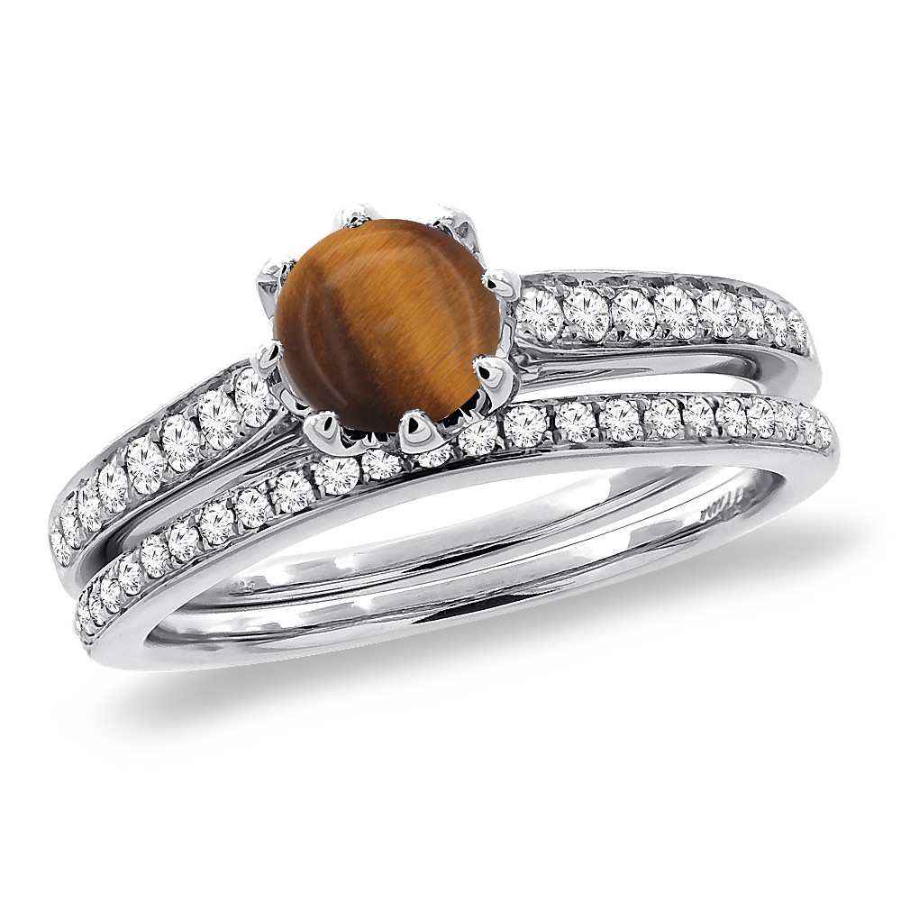 14K White Gold Diamond Natural Tiger Eye 2pc Engagement Ring Set Round 5 mm, sizes 5-10