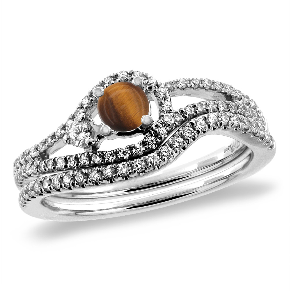 14K White Gold Diamond Natural Tiger Eye 2pc Engagement Ring Set Round 5 mm, sizes 5-10