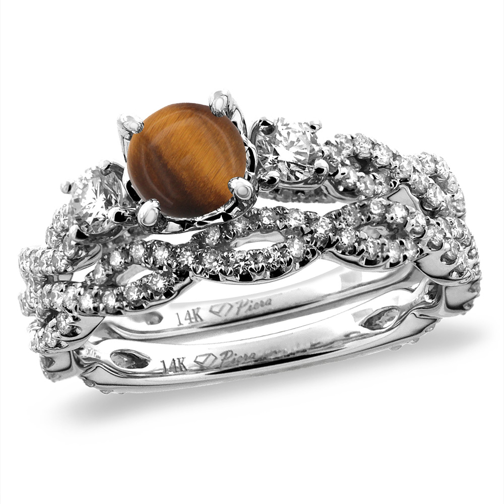14K White/Yellow Gold Diamond Natural Tiger Eye 2pc Infinity Engagement Ring Set Round 5 mm, sizes 5-10