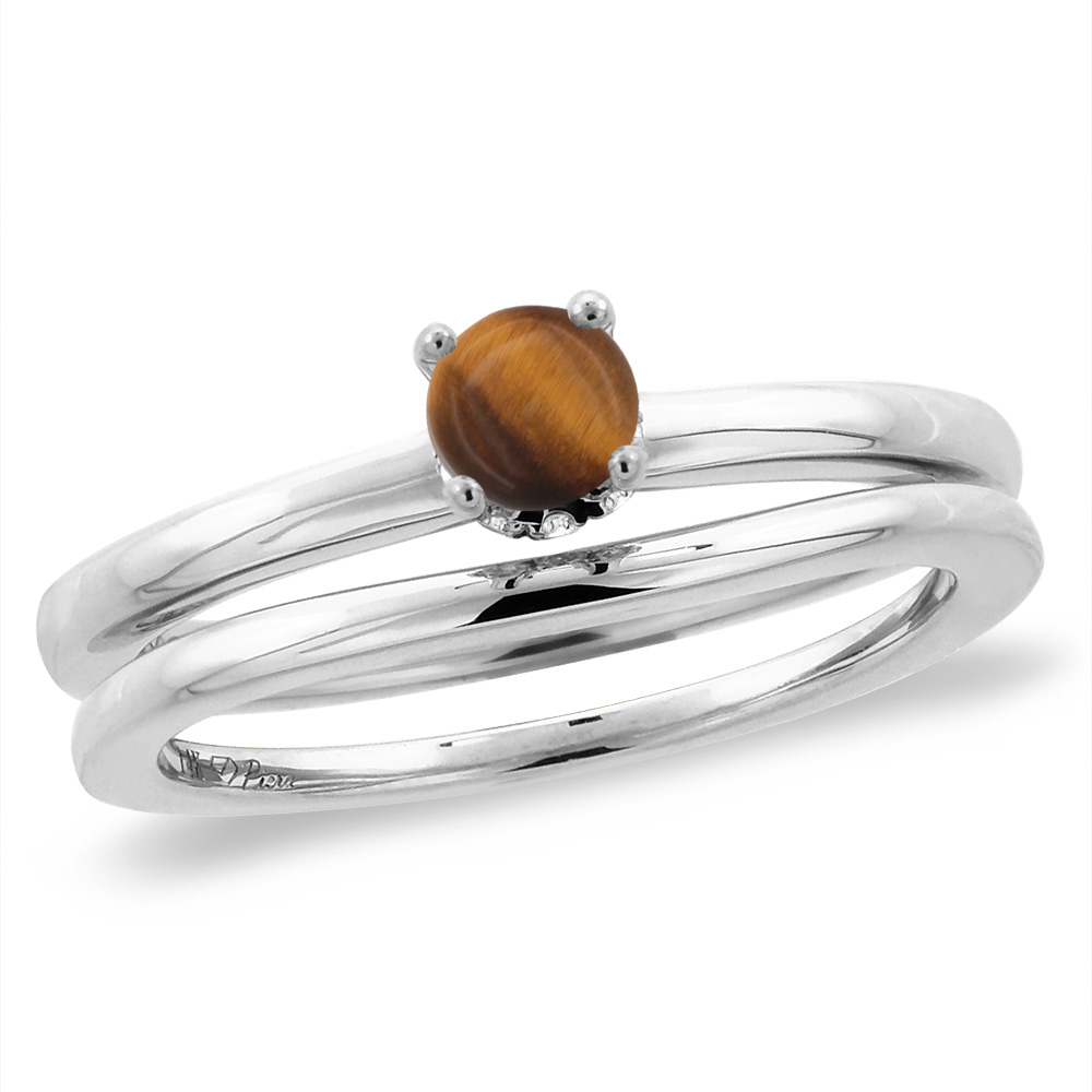 14K White Gold Diamond Natural Tiger Eye 2pc Solitaire Engagement Ring Set Round 5 mm, sizes 5 -10