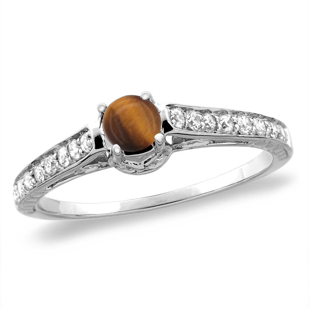14K White/Yellow Gold Diamond Natural Tiger Eye Engagement Ring Round 5 mm, sizes 5-10