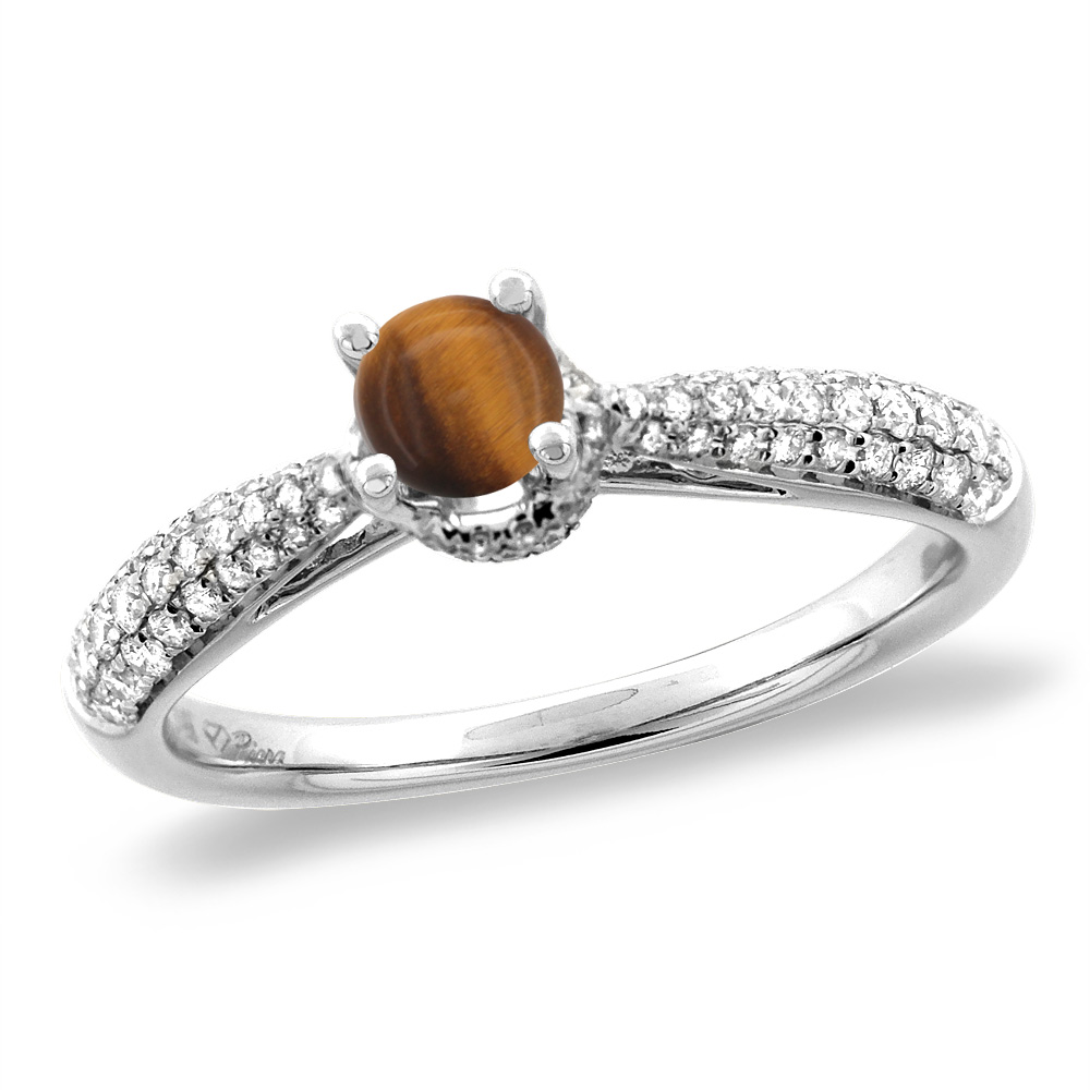 14K White/Yellow Gold Diamond Natural Tiger Eye Engagement Ring Round 5 mm, sizes 5-10