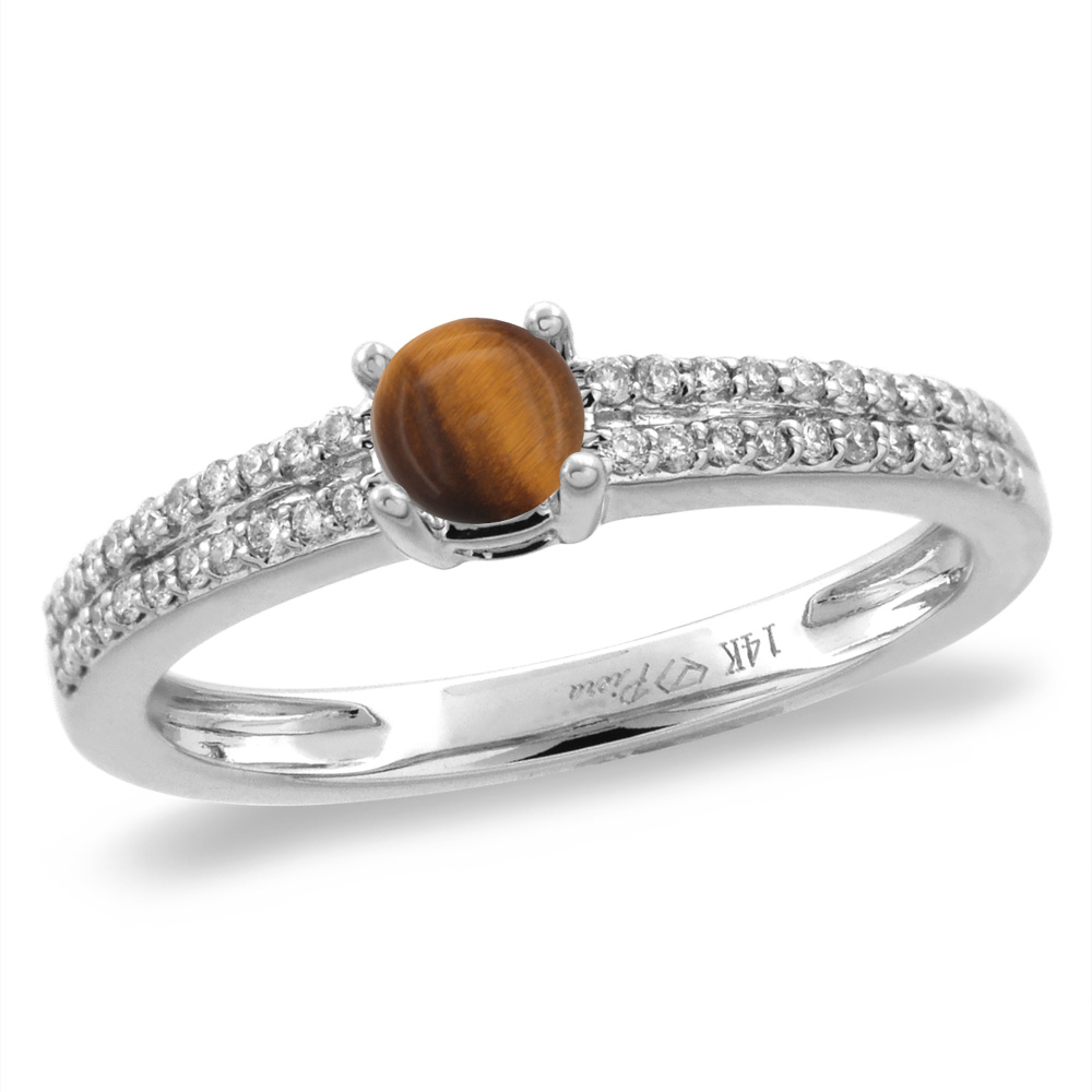14K White/Yellow Gold Diamond Natural Tiger Eye Engagement Ring Round 5 mm, sizes 5-10
