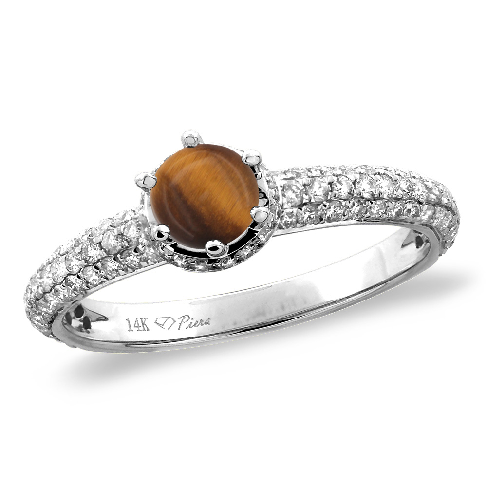 14K White/Yellow Gold Diamond Natural Tiger Eye Engagement Ring Round 5 mm, sizes 5-10
