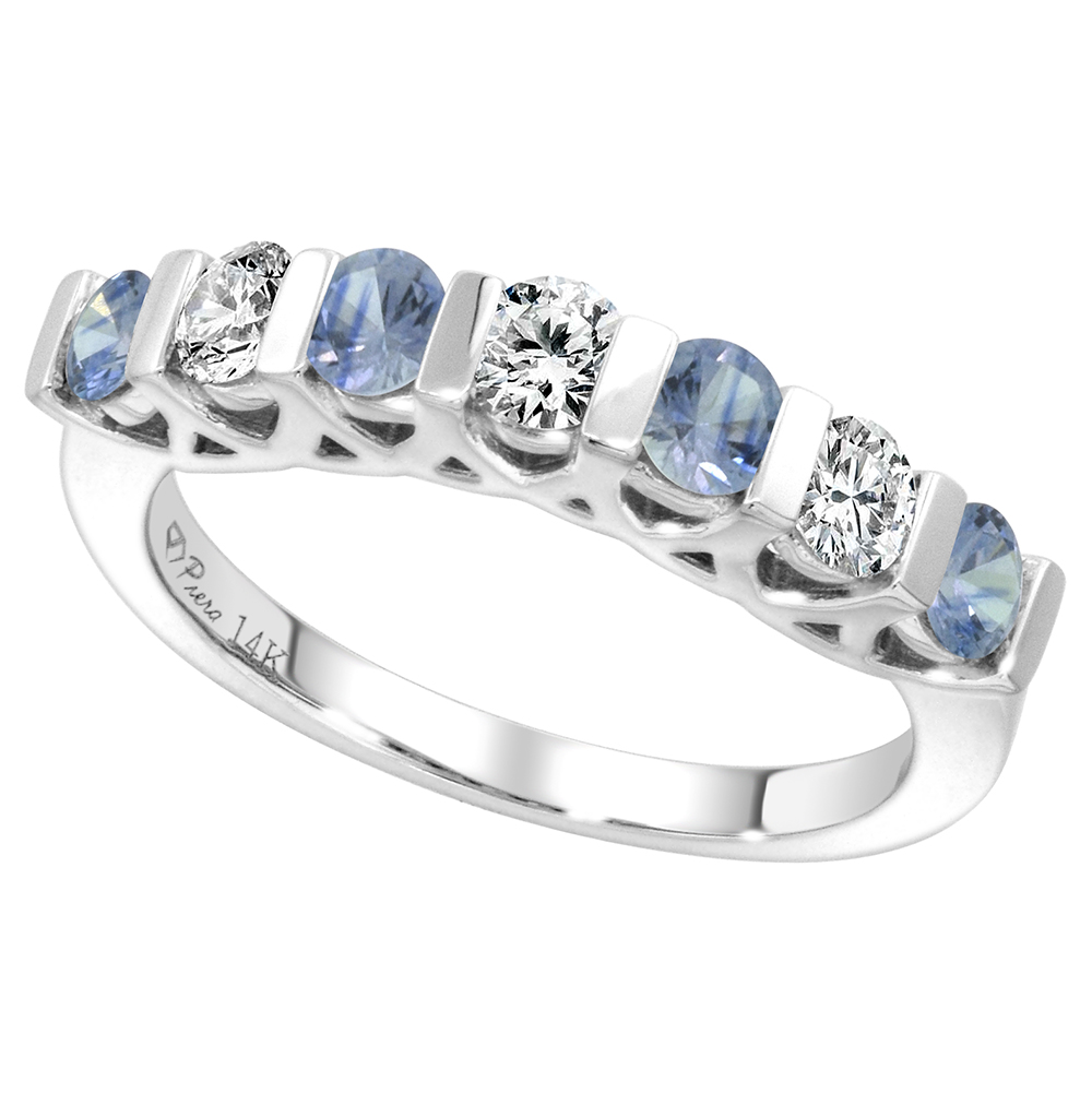 14k White Gold Genuine Lt Blue Sapphire & Diamond 7-Stone Ring Round Brilliant cut 0.35cttw 3mm, size5-10