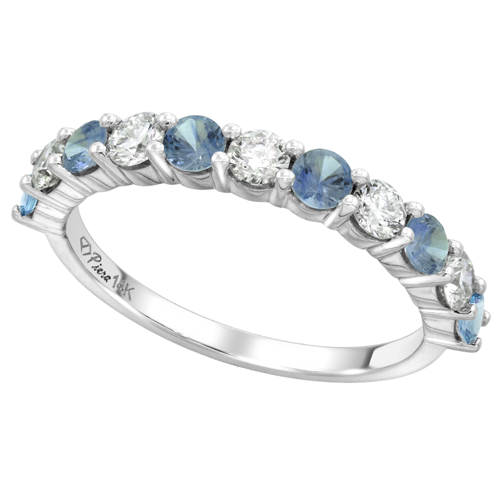 14k White Gold Genuine Light Blue Sapphire & Diamond 11 Stone Ring Round Brilliantcut 0.6ct 3mm,size5-10