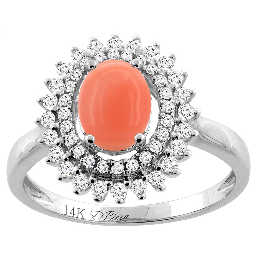 14K Gold Natural Coral Ring Oval 8x6 mm Double Halo Diamond Accents, sizes 5 - 10