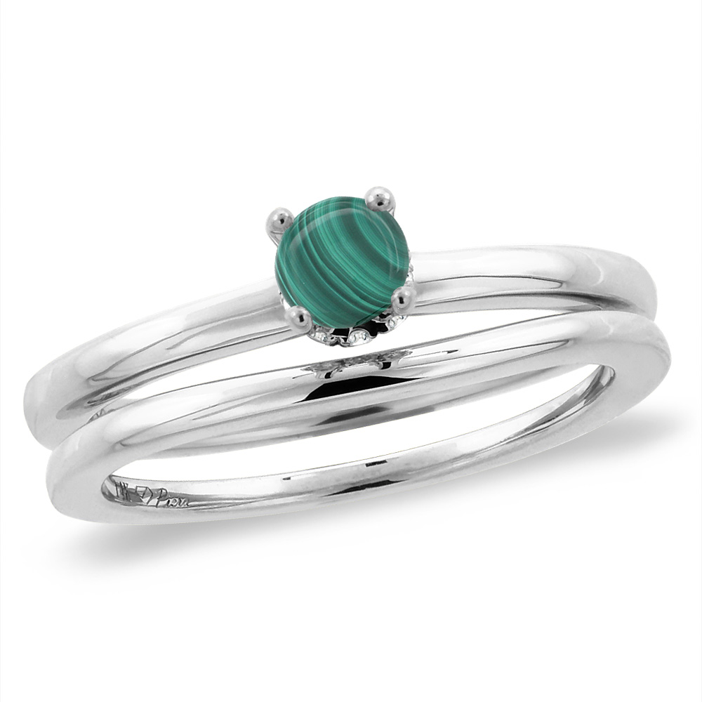 14K White Gold Diamond Natural Malachite 2pc Solitaire Engagement Ring Set Round 6 mm, sizes 5-10
