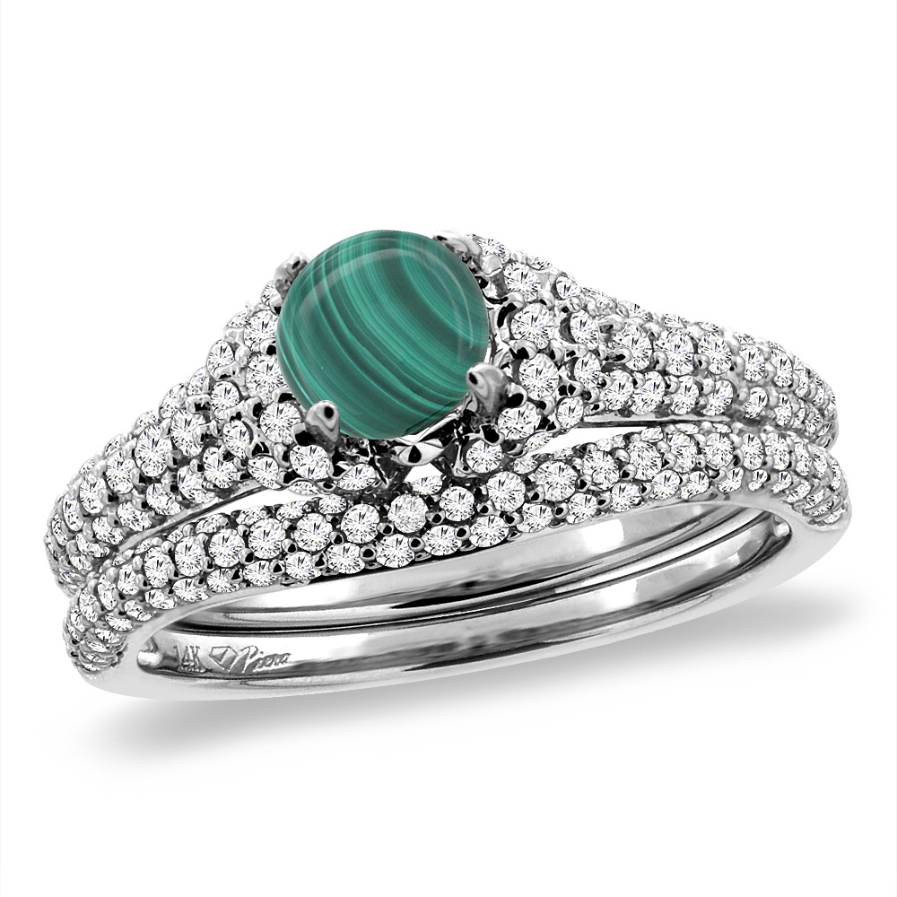 14K White Gold Diamond Natural Malachite 2pc Engagement Ring Set Round 5 mm, sizes 5-10
