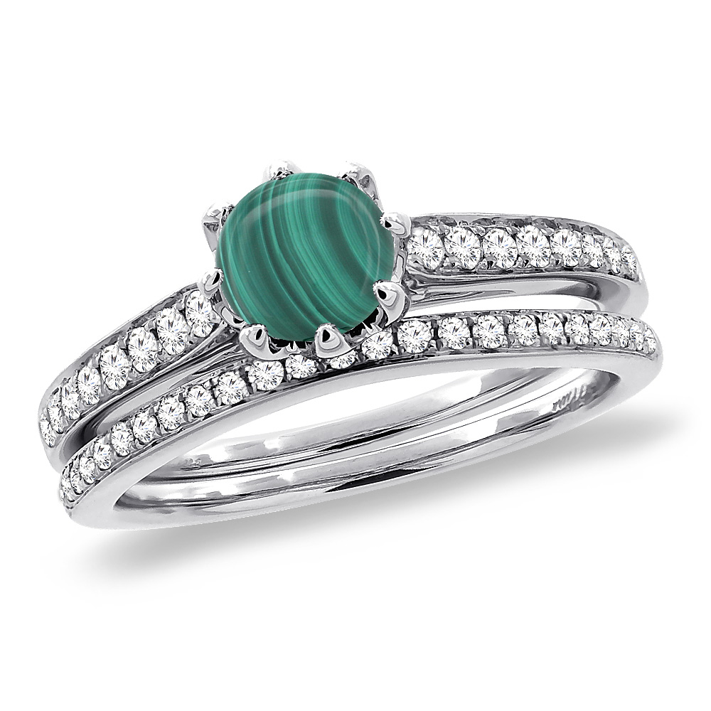 14K White Gold Diamond Natural Malachite 2pc Engagement Ring Set Round 5 mm, sizes 5-10