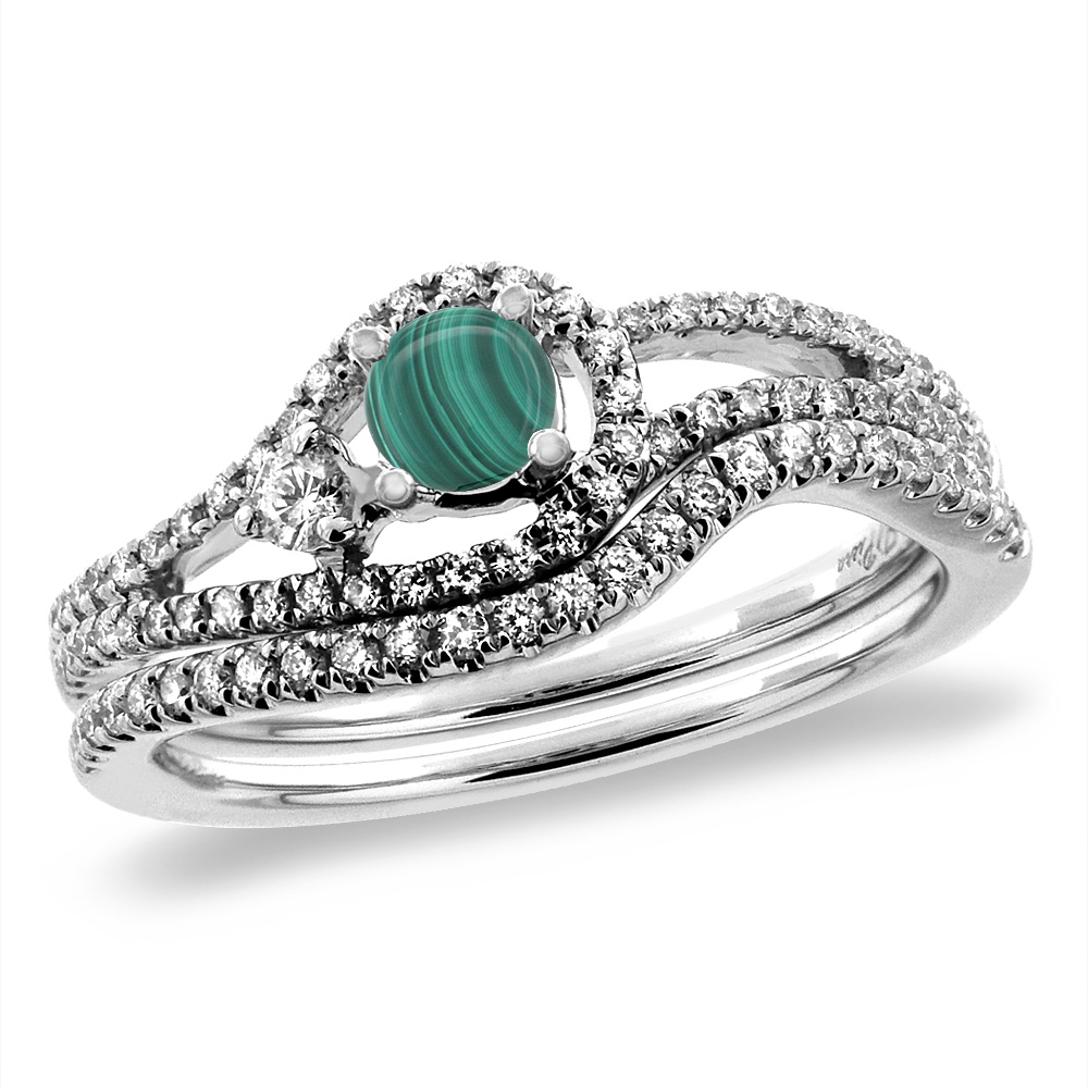 14K White Gold Diamond Natural Malachite 2pc Engagement Ring Set Round 5 mm, sizes 5-10