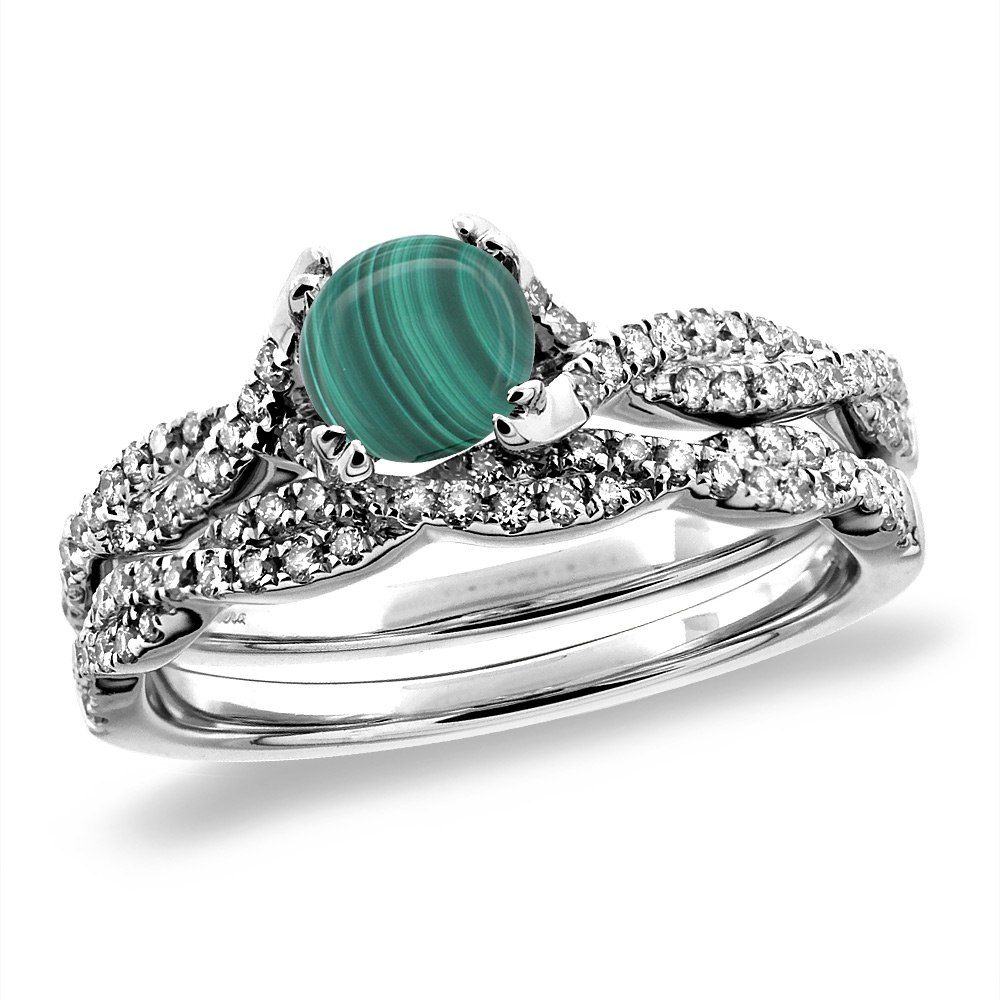 14K White/Yellow Gold Diamond Natural Malachite 2pc Infinity Engagement Ring Set Round 5 mm, sizes 5-10