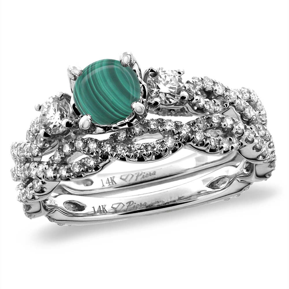 14K White/Yellow Gold Diamond Natural Malachite 2pc Infinity Engagement Ring Set Round 5 mm, sizes 5-10