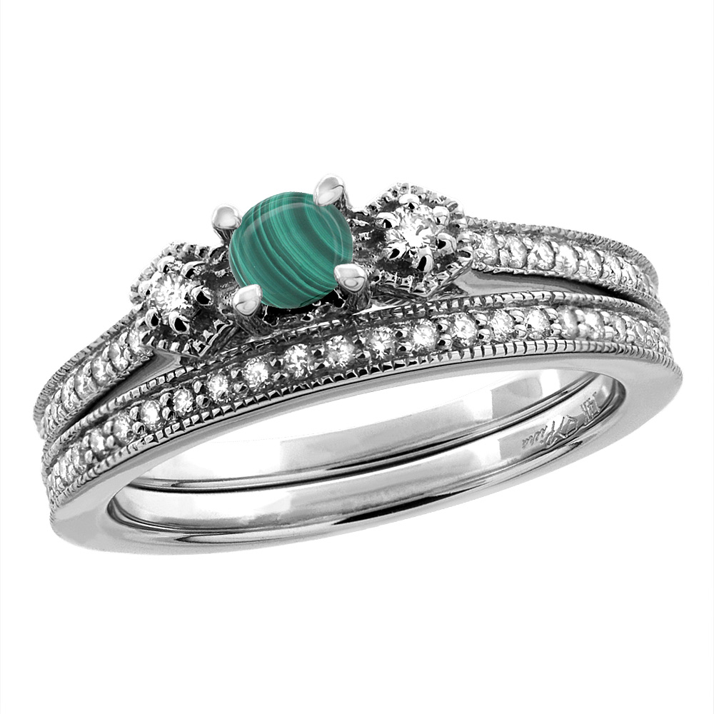 14K White/Yellow Gold Diamond Natural Malachite 2pc Engagement Ring Set Round 4 mm, sizes 5 - 10