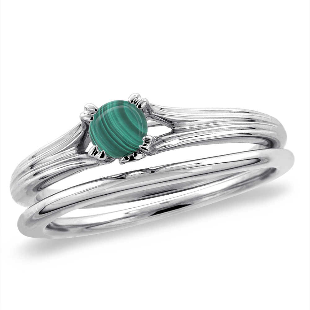 14K White Gold Diamond Natural Malachite 2pc Solitaire Engagement Ring Set Round 4 mm, size5-10