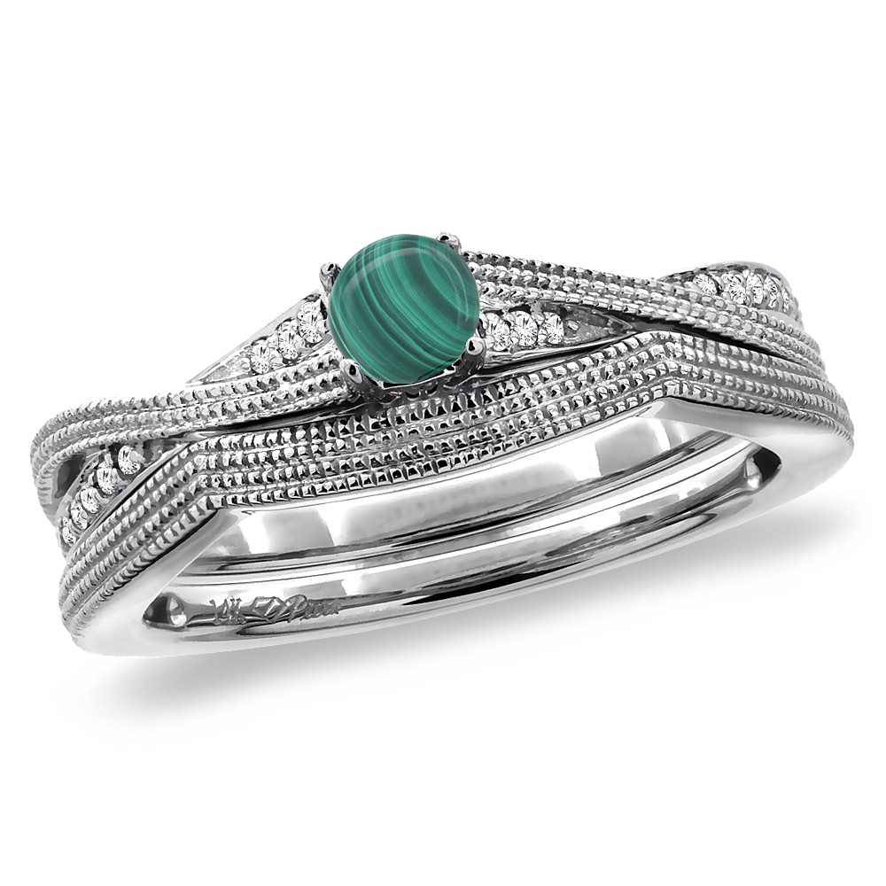 14K White Gold Diamond Natural Malachite 2pc Engagement Ring Set Round 4 mm, sizes 5 - 10