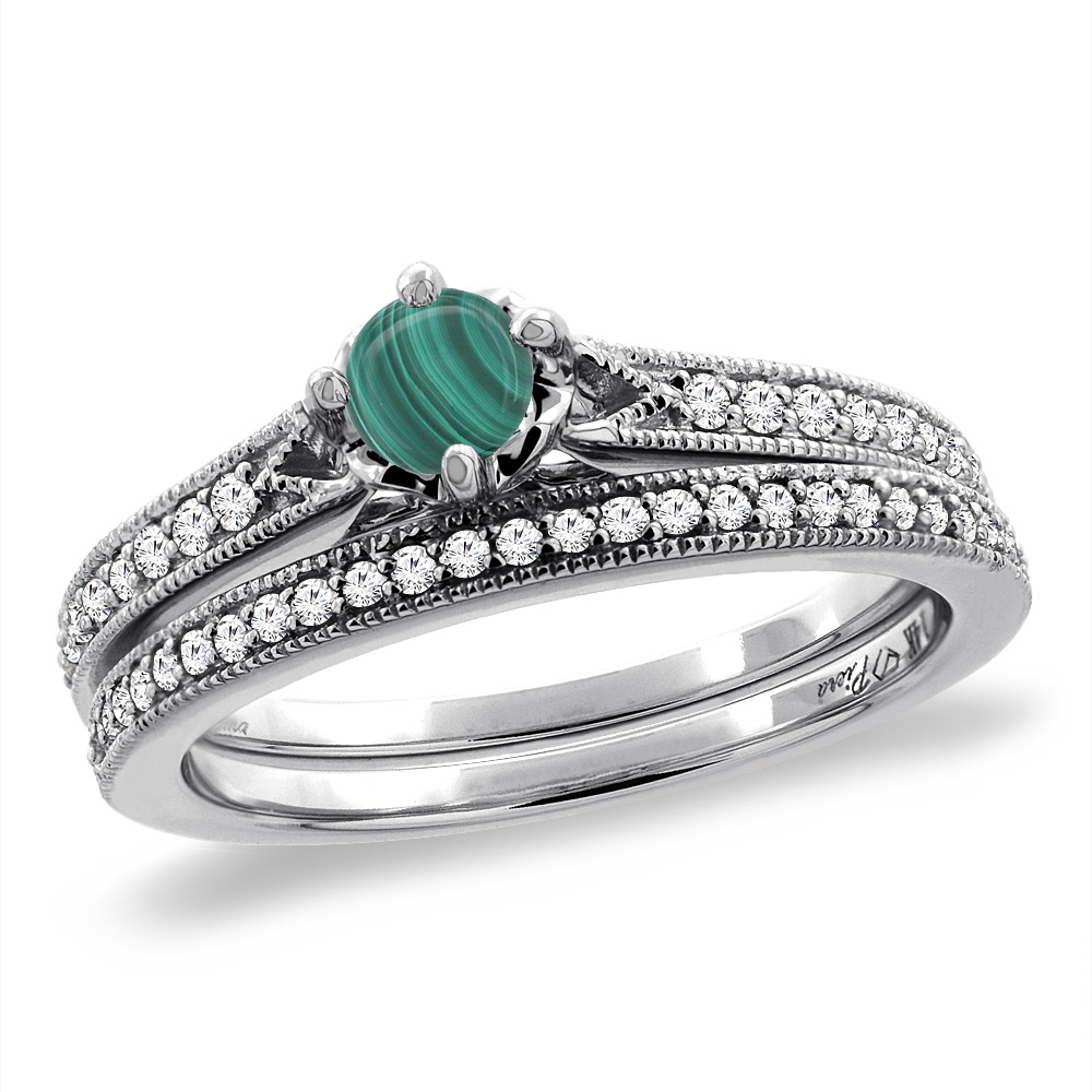 14K White Gold Diamond Natural Malachite 2pc Engagement Ring Set Round 4 mm, sizes 5 - 10