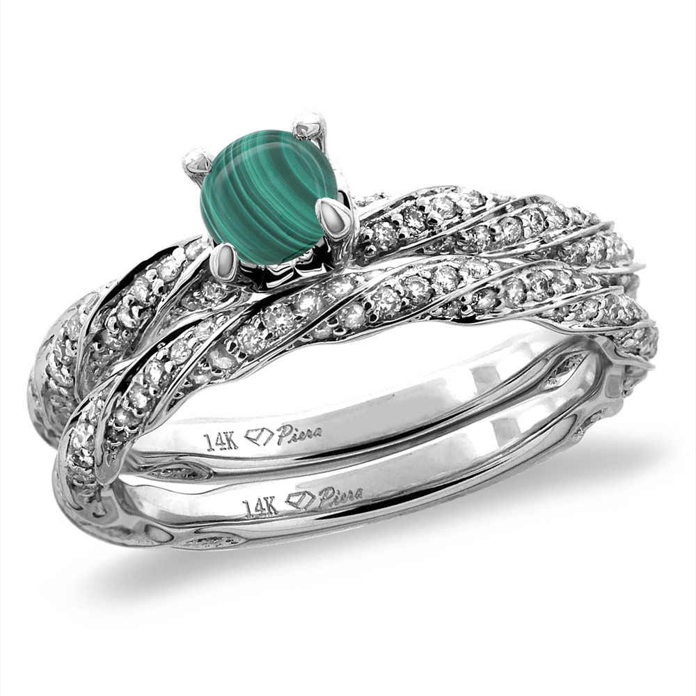 14K White/Yellow Gold Diamond Natural Malachite 2pc Twisted Engagement Ring Set Round 4 mm, size5-10