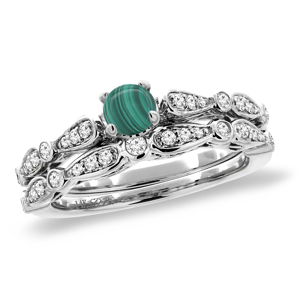 14K White Gold Diamond Natural Malachite 2pc Engagement Ring Set Round 4 mm, size5-10