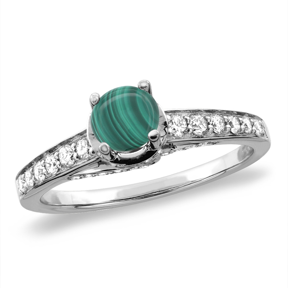 14K White/Yellow Gold Diamond Natural Malachite Engagement Ring Round 4 mm, sizes 5 -10