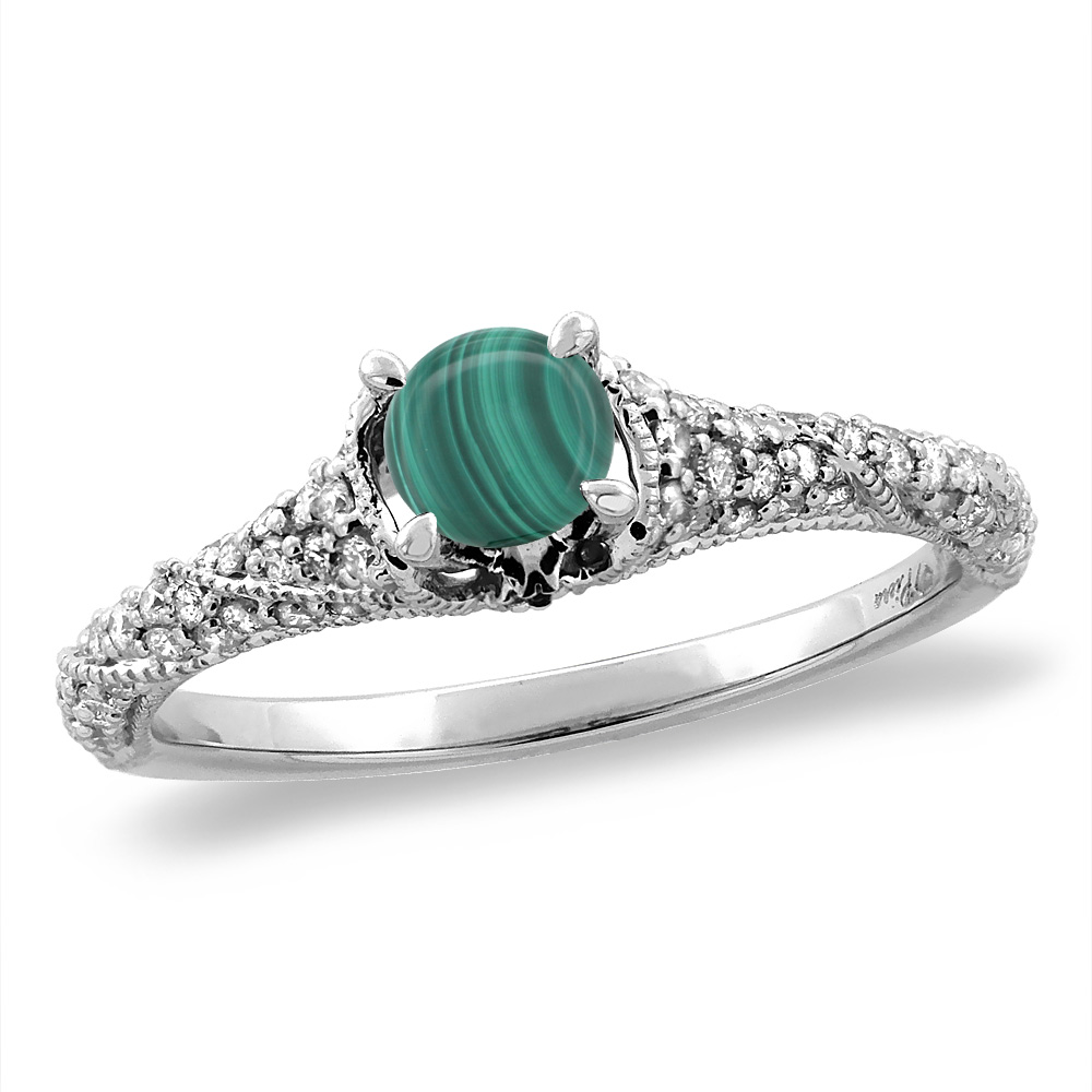 14K White/Yellow Gold Diamond Natural Malachite Engagement Ring Round 4 mm, sizes 5 -10