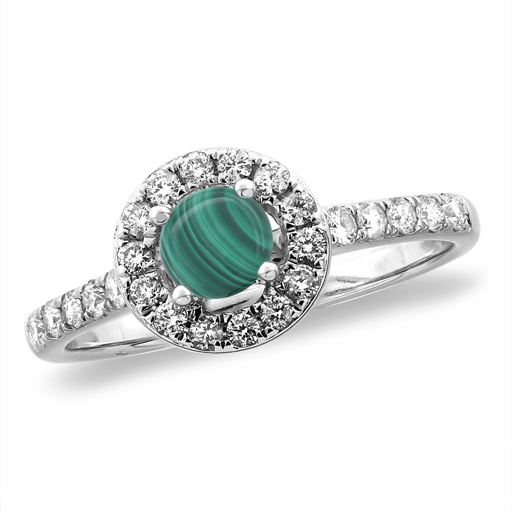 14K White/Yellow Gold Diamond Natural Malachite Halo Engagement Ring Round 4 mm, sizes 5 -10