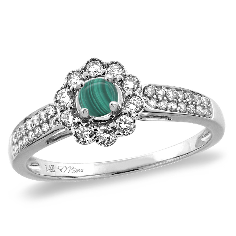 14K White/Yellow Gold Natural Malachite Engagement Ring Round 4 mm, sizes 5 -10
