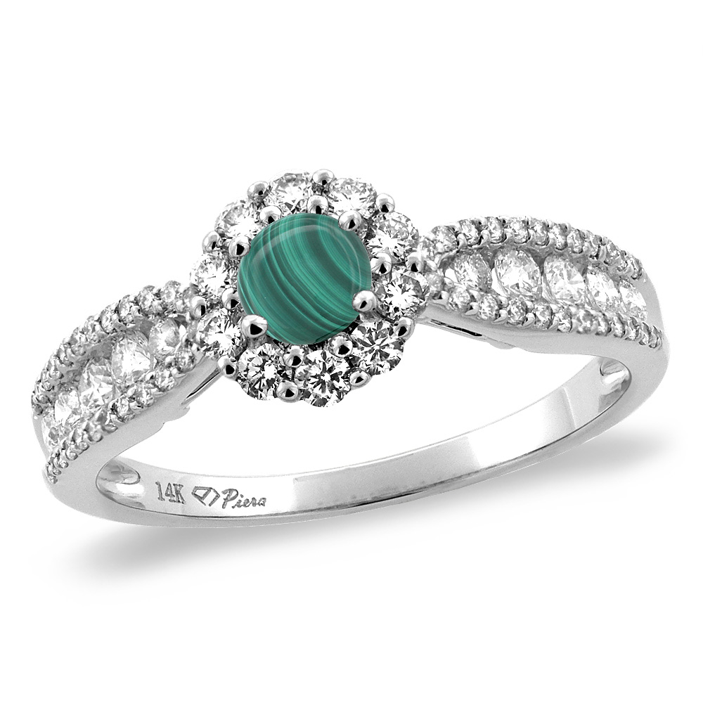 14K White/Yellow Gold Natural Malachite Halo Engagement Ring Round 4 mm, sizes 5 -10