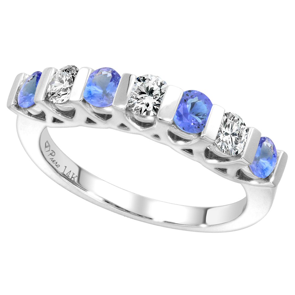 14k White Gold Genuine Tanzanite and Diamond 7-Stone Ring Round Brilliant cut 0.35cttw 3mm, size 5-10