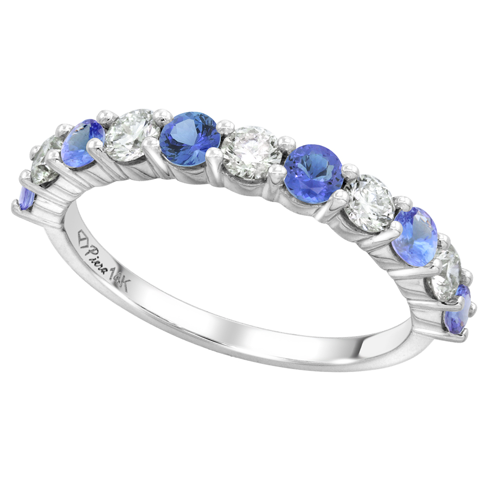 14k White Gold Genuine Tanzanite & Diamond 11 Stone Ring Round Brilliant cut 0.6ct 3mm, size 5-10