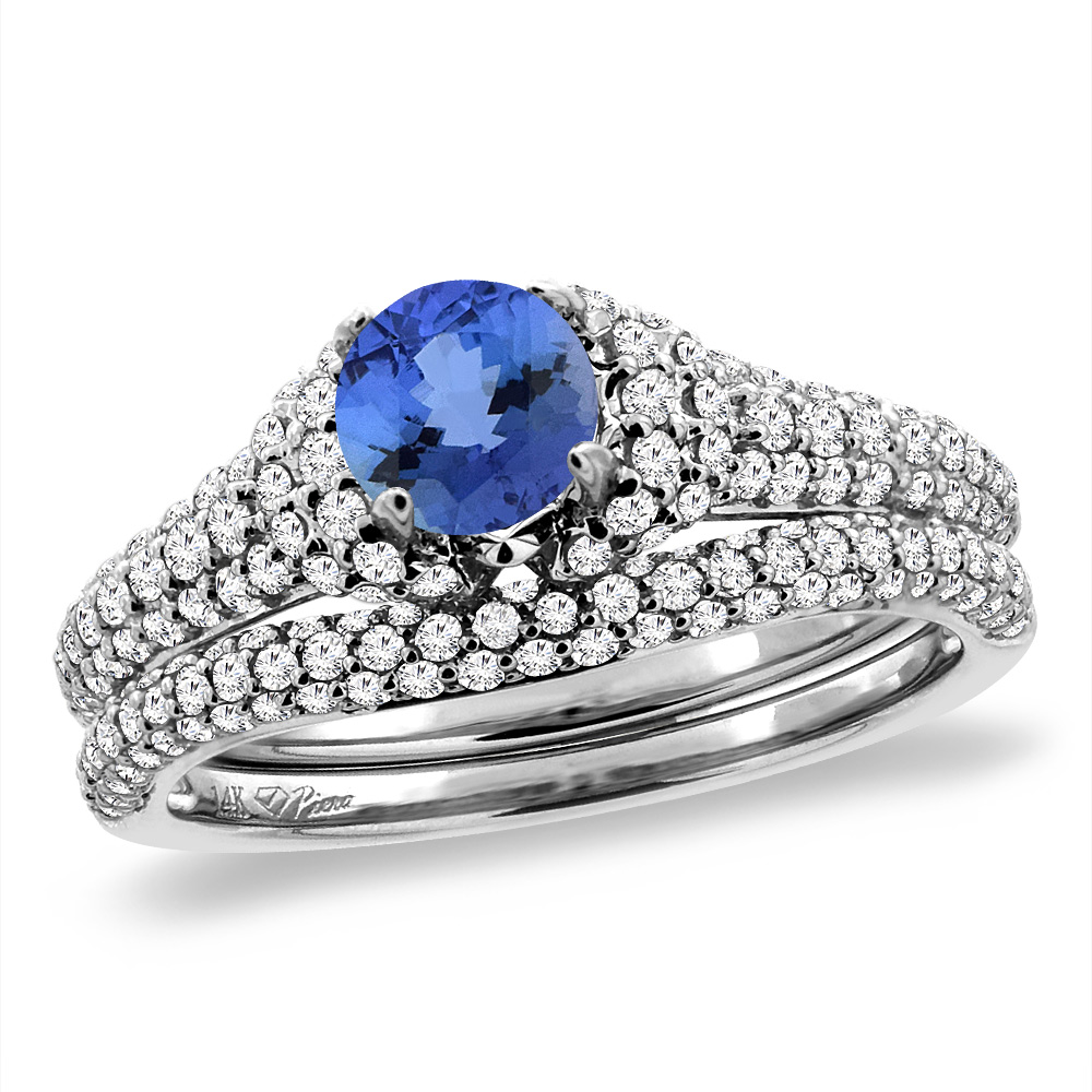 14K White Gold Diamond Natural Tanzanite 2pc Engagement Ring Set Round 5 mm, sizes 5-10